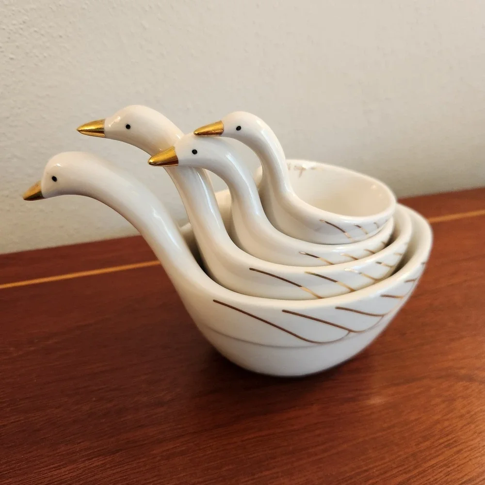 Anthropologie Swan Measuring Cups Set of 4 Goose Bird Cream Gold Ceramic
